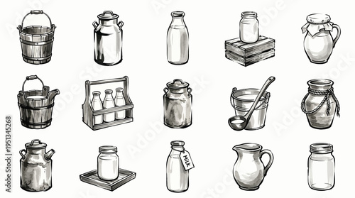 A collection of hand-drawn illustrations depicting various vintage milk containers and dairy products, showcasing different styles of jugs, bottles, and jars.