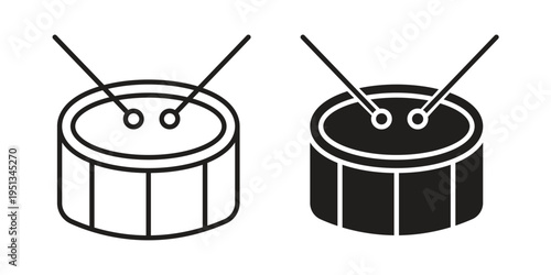 Drum icon set. outlined and solid flat clipart versions.