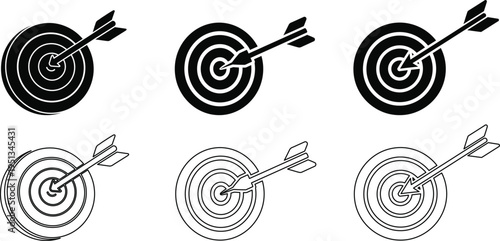 Target Arrow Icon Set with Bullseye Aim Symbols for Business Goal Achievement Strategy Marketing Success Minimal Line and Solid Vector Collection