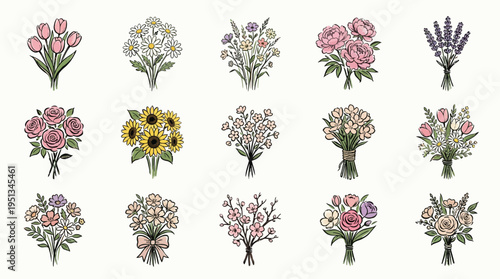 A collection of 15 beautifully illustrated floral bouquets, each featuring a unique arrangement of flowers and foliage.