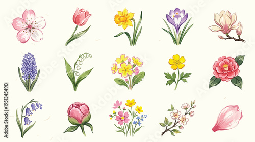 A beautiful watercolor illustration showcasing a variety of delicate spring flowers in full bloom, each rendered with exquisite detail and soft colors.