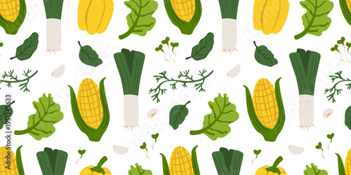 Seamless vegetable pattern with corn cobs, leeks, yellow peppers, and leafy greens on a light background. Fresh farm produce texture for kitchen, textile, packaging, wallpaper, and print themes.
