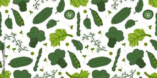 Seamless vegetable pattern with broccoli, cucumbers, lettuce, pea pods, and herbs on a light background. Fresh green food texture for kitchen, packaging, textile, wallpaper, and print themes.
