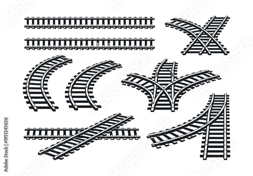 Railroad track elements collection showing various railway components for transportation design and construction concepts