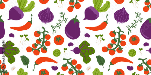 Seamless vegetable pattern with eggplants, tomatoes, onions, peppers, cucumbers, and leafy greens on a light background. Fresh food texture for kitchen, packaging, textile, and print themes.