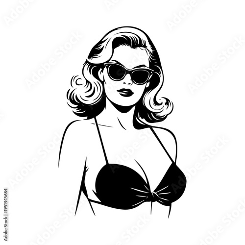 Dibujo con líneas de la parte superior de una mujer posando con bikini, gafas de sol y peinado estilo retro