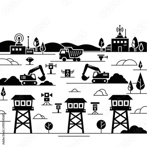 Construction Site with Heavy Machinery and Surveillance Towers Illustration.