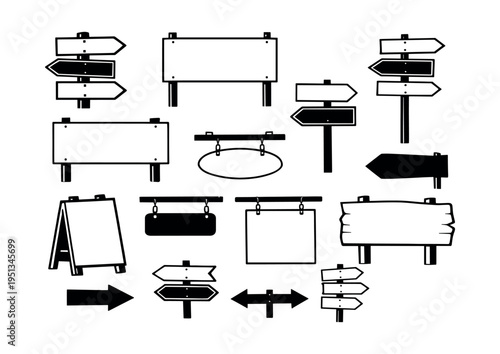 Variety of empty street signs, wooden billboards, and arrow pointers providing navigation, choice, and showing paths