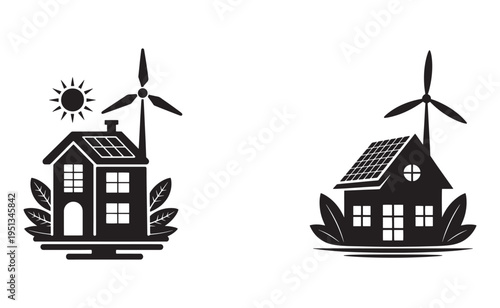Eco-friendly house with solar panels and wind turbine, symbolizing sustainability and green energy.