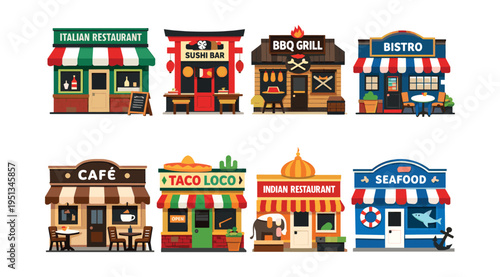 Collection of colorful cartoon buildings representing various international restaurants, cafes, and food shops in a flat style