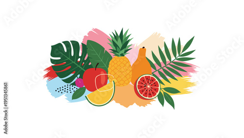 Tropical fruit and leaf arrangement featuring pineapple, apple, papaya, and watermelon on a colorful base.