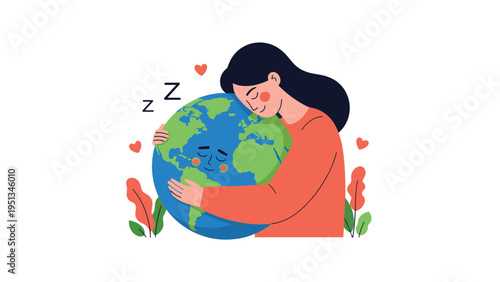 Caring young woman hugging a sleeping planet Earth with hearts and leaves around them for environmental awareness.