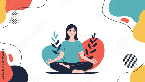 Serene woman meditating in the lotus position with floating colorful abstract shapes and leaves on white background.