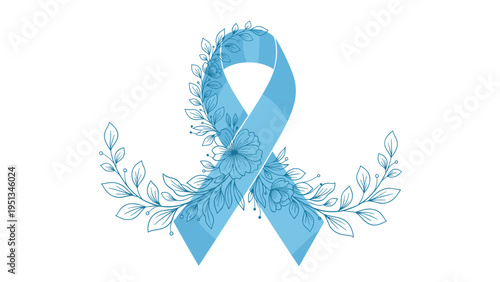 Elegant light blue awareness ribbon surrounded by delicate blue line art flowers and leaves for health support themes.