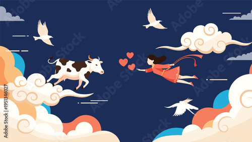 Traditional Chinese Qixi Festival illustration featuring the Cowherder and Weaver Girl meeting on a bridge of birds.