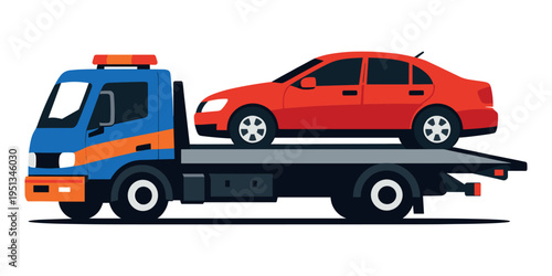 Tow truck with a red vehicle on its flatbed platform, offering emergency breakdown help and transportation