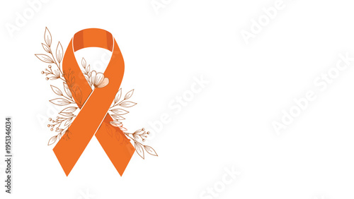 Orange awareness ribbon entwined with delicate line art flowers and leaves shown on a clean white background.