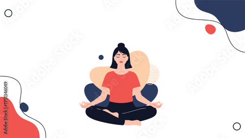 Young woman meditating in the lotus position with a peaceful expression set against soft abstract blobs and wave patterns.
