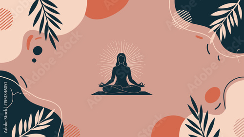 Human silhouette in meditation lotus pose against an abstract background with colorful shapes and tropical leaf patterns.