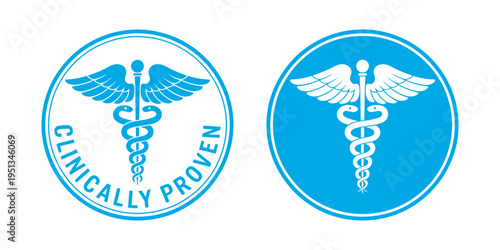 Clinically proven medical badge set, two blue vector caduceus icons, healthcare certification seals, medical quality symbols, isolated illustration