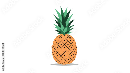 Whole ripe pineapple with green spiky leaves and textured orange skin isolated on a white background with a soft shadow.