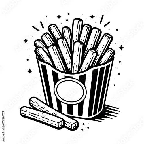 French fries served in a classic striped paper carton, representing instant fast food, snacks, takeaway, and unhealthy eating