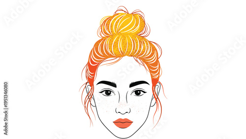 Portrait of a beautiful young woman with bright orange hair styled in a messy bun and freckles on her face on white background.