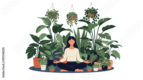 Young woman practices mindfulness and meditation while sitting in a lotus pose surrounded by a lush collection of indoor house plants.