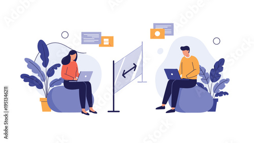 Two professionals work on laptops while maintaining physical distancing with a transparent barrier in a modern office environment.