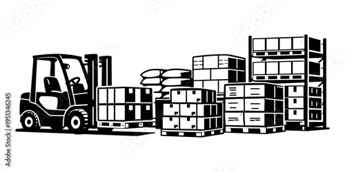 Forklift moving boxes on a pallet, illustrating logistics, warehousing, cargo transportation, and industrial supply chain operations