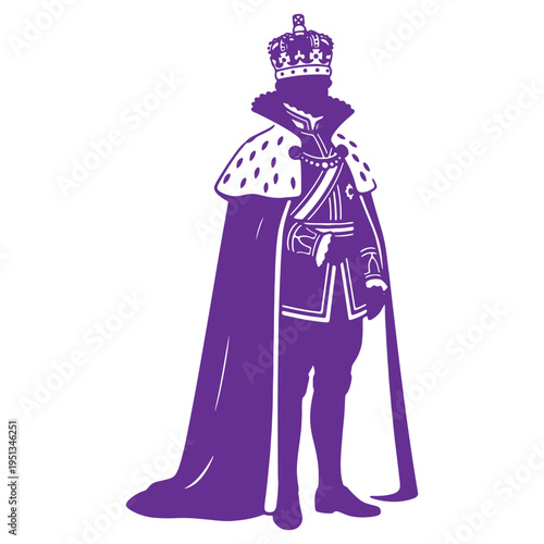 Regal monarch standing tall wearing ornate crown and cloak holding scepter isolated on transparent background