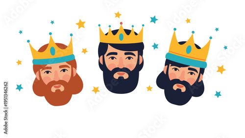 Cartoon illustration of the three kings wearing gold crowns and surrounded by a festive field of stars.