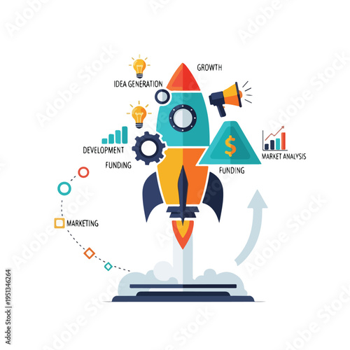 Colorful Cartoon Rocket Launching into Space.