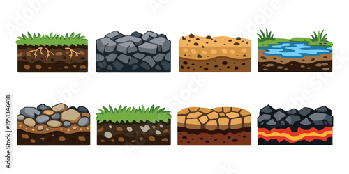Cartoon ground blocks for creating 2D video games. Showing horizontal cross-sections of soil, grass, rock, sand, water, and lava layers