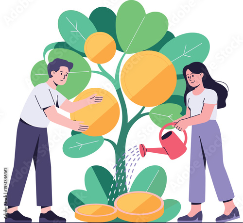Couple nurturing a vibrant tree with large yellow fruits and green leaves