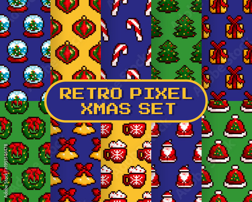 Retro pixel Christmas pattern set with festive seamless backgrounds featuring ornaments, candy canes, wreaths, trees, bows, gifts, and Santa icons. Bright holiday collection in nostalgic 8-bit style.
