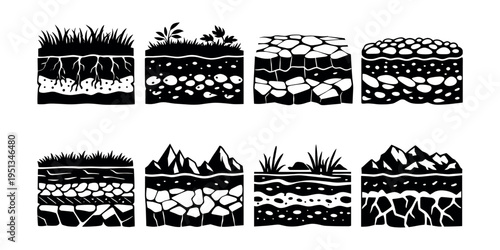 Eight black and white illustrations showing different underground soil compositions, including dirt, rock, gravel, and roots