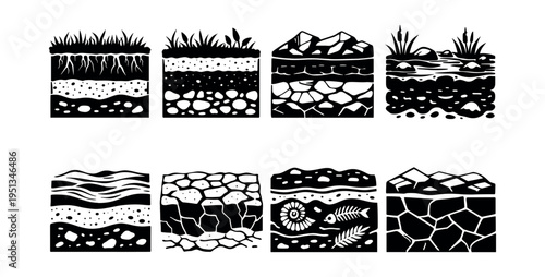 Earth soil layers set illustrating various underground cross sections, showing different ground profiles with grass, rocks, water, and fossils