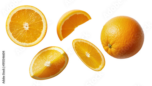 Obraz na płótnie Isolated ripe and juicy orange fruit with various fresh slices, wedges, and segm