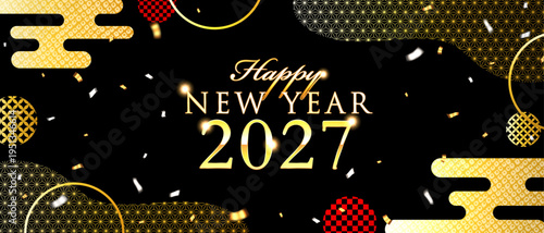 Luxury Japanese New Year 2027 Banner – Black Gold Washi Pattern, Confetti, Traditional Motifs for Happy New Year Greeting Card and Celebration Background