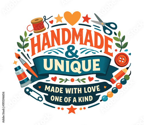 Handmade and unique crafting emblem featuring typography, tools like scissors, thread, brush, pencil, bead, and safety pin