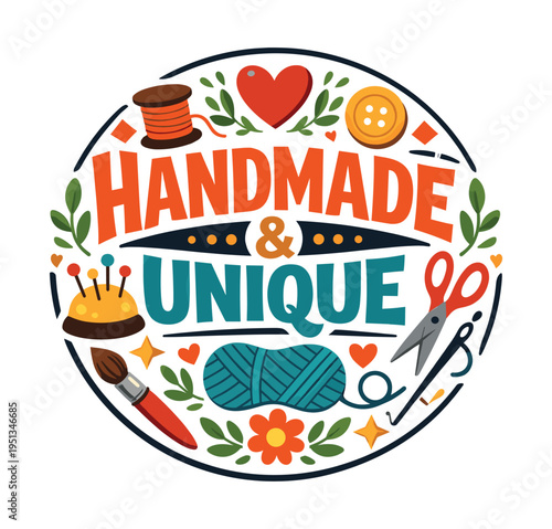 Circular emblem featuring Handmade & Unique lettering surrounded by various craft items, representing artisan work and hobbies