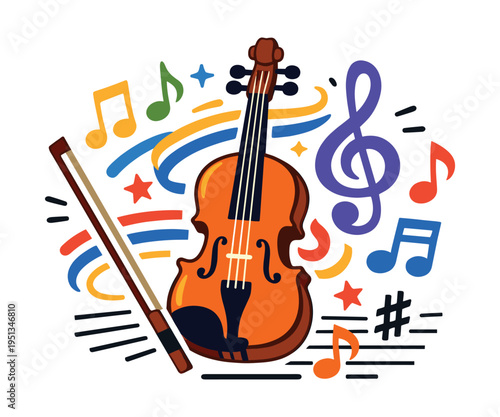 Violin and bow surrounded by colorful musical notes, a treble clef, and abstract design elements, representing classical music and artistic expression