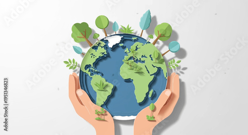 Hands holding a green and blue globe with leaves symbolizing eco friendly earth care and sustainability