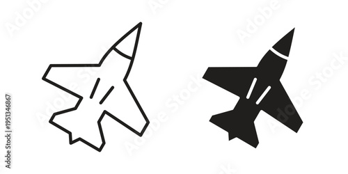 Fighter jet icon set. outlined and solid flat clipart versions.