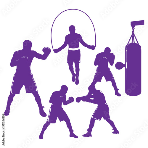 Set of boxers in various fighting positions and training exercises silhouettes isolated on transparent background