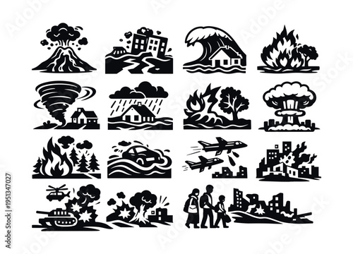 Icons showing natural disasters like volcano, earthquake, tsunami, fire, flood, tornado, and man-made conflicts like war and bombing