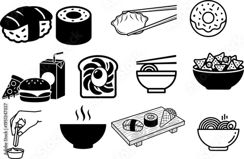 A collection of black and white vector icons depicting various popular food and drink items daily Vector, illustration