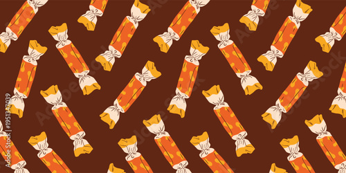 Sweet candy seamless pattern. Chocolate peanut butter candies with colorful wrapper. Sugar snack, confectionery repeating print. Flat vector texture design for package,fabric, textile