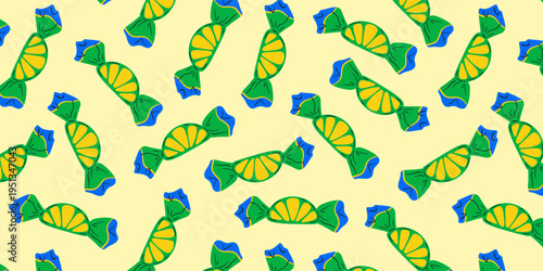 Candies seamless pattern. Wrapped sweets background, colorful repeating print with caramel candy, sweet confectionery concept. Flat vector texture design for fabric, package, textile